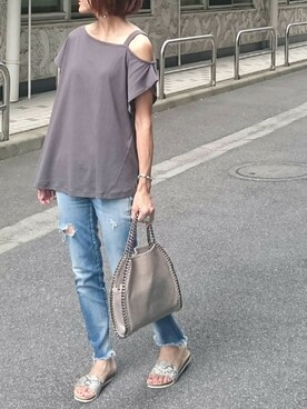 「Ungrid（アングリッド）のフレイドヘムストスリ（デニムパンツ）」を使った、Ayaさん（レディース・151cm）の夏コーディネート