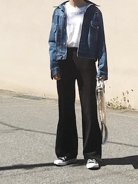 「スリットパンツ」｜「アイテム（デニムジャケット）」を使った、Ayaさん（レディース・151cm）の春コーディネート