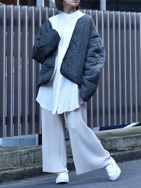 「LOWRYS FARM」｜「アイテム（ノーカラージャケット）」を使った、Ayaさん（レディース・151cm）の秋コーディネート