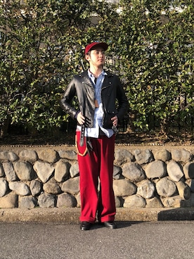 「beautiful people（ビューティフルピープル）のアイテム（ライダースジャケット）」を使った、土子さん（メンズ・176cm）の春コーディネート