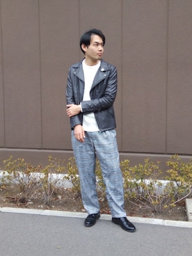 「グレンチェック」｜「アイテム（ライダースジャケット）」を使った、俊さん（メンズ・178cm）の冬コーディネート