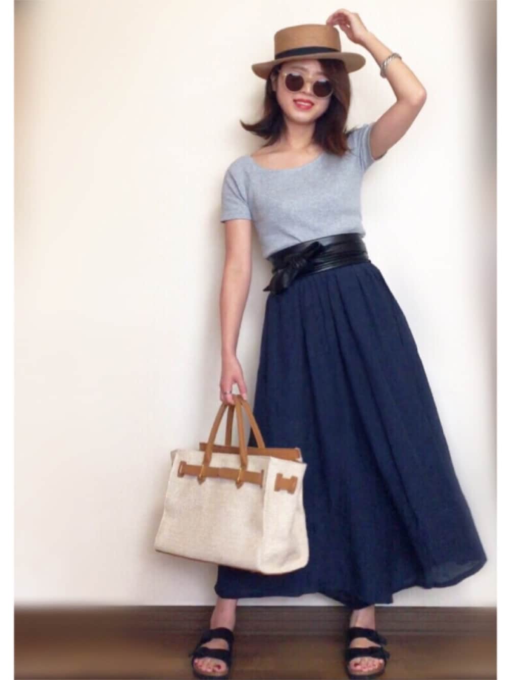 「シンプルコーデ、Tシャツフェス、リブT、スカーチョ、サッシュベルト、カンカン帽、麦わら帽子、gooutwith、ARIZONA、birkenstock」｜「EGOISTのアンティークツイストバングル（バングル/リストバンド、シルバー系）」を使った、Miiさん（レディース・159cm）の夏コーディネートの1枚目の写真