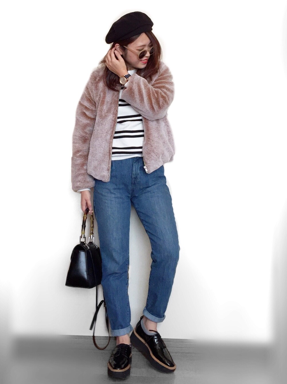 「sheson、Fossil、FOSSILSTYLE、wfossil、ファーコート、モコモコアウター、ボーダー、デニム、ドレスシューズ、PR」｜「ShesonのSheson(シーズン)セレクト ファーノーカラージャケット（その他アウター、ブラウン系）」を使った、Miiさん（レディース・159cm）の秋コーディネートの1枚目の写真