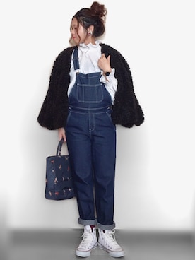 「フリルネック」｜「アイテム（オールインワン・サロペット）」を使った、Miiさん（レディース・159cm）の冬コーディネート