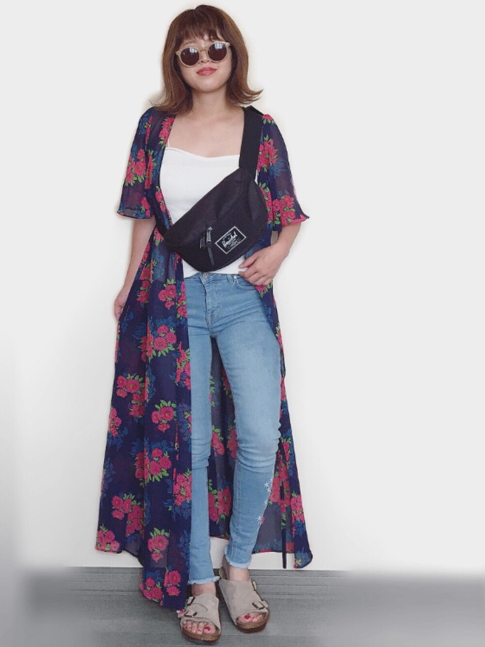 「Desigual、デシグアル、birkenstock、2018ss、METALLICSTONES、ウエストポーチ、キャミソール、ガウン、花柄ｶﾞｳﾝ、スキニーデニム」｜「ZARAのアイテム（ワンピース/ドレス、その他）」を使った、Miiさん（レディース・159cm）の夏コーディネートの1枚目の写真