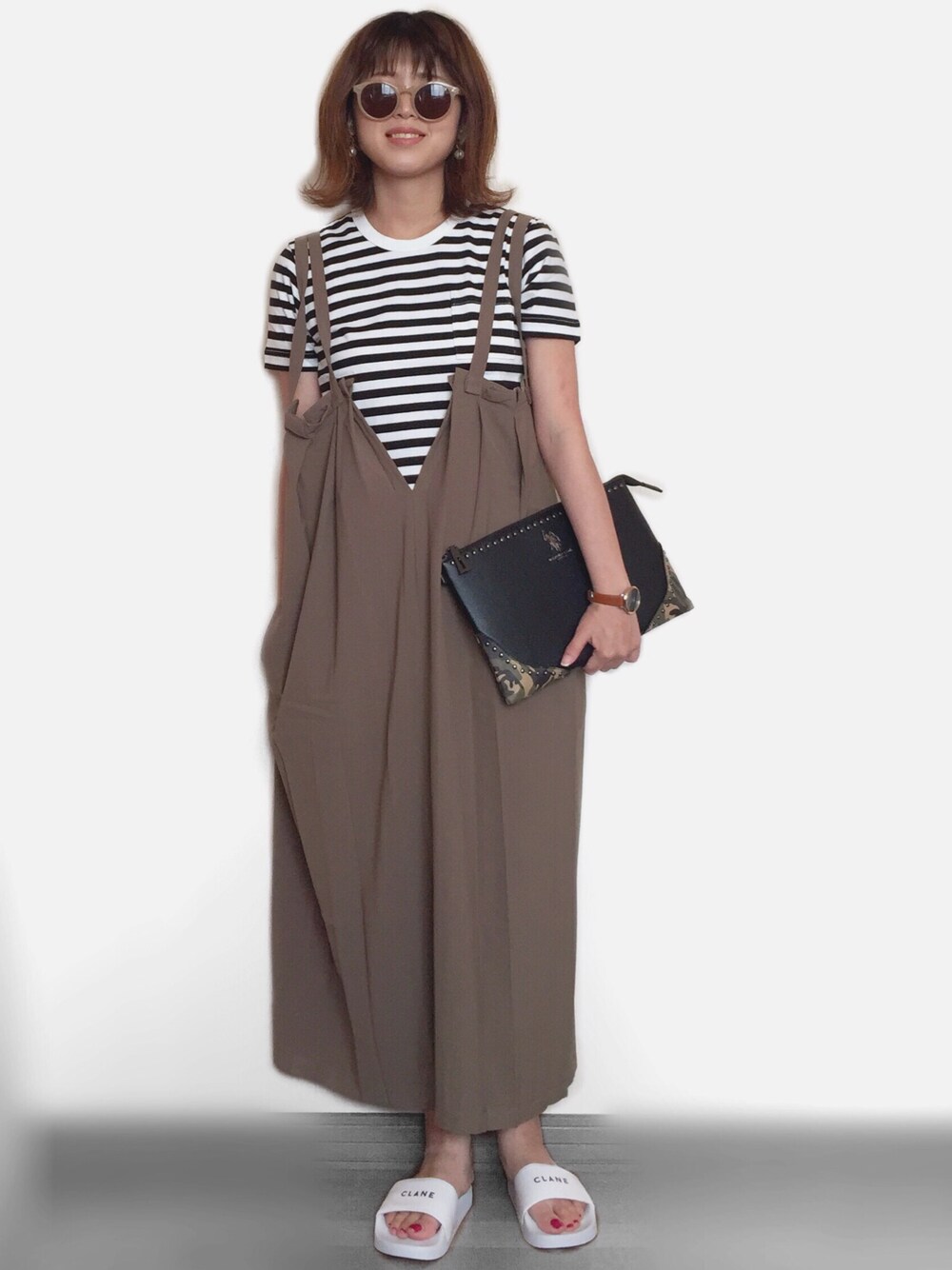「オトナ女子、ラクチンコーデ、サロペットスカート、ボーダー、ボーダートップス、Fossil、FOSSILSTYLE、uspolo、USポロ、シャワーサンダル」｜「無印良品のアイテム（Tシャツ/カットソー、その他）」を使った、Miiさん（レディース・159cm）の夏コーディネートの1枚目の写真