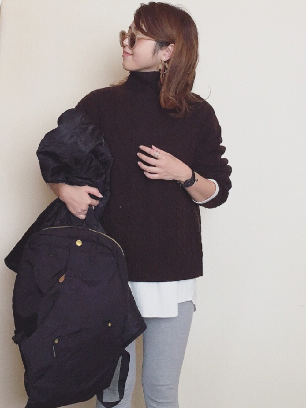 「Rougevif、ルージュヴィフ、mercibeaucoup、メルシーボークー、ケーブルニット、レイヤードスタイル、SKAGEN、myskagen、ketty cherie、ケティシェリー」｜「ketty cherieのバイウォームリバーシブルコート（その他アウター、ブラック系）」を使った、Miiさん（レディース・159cm）の冬コーディネートの1枚目の写真