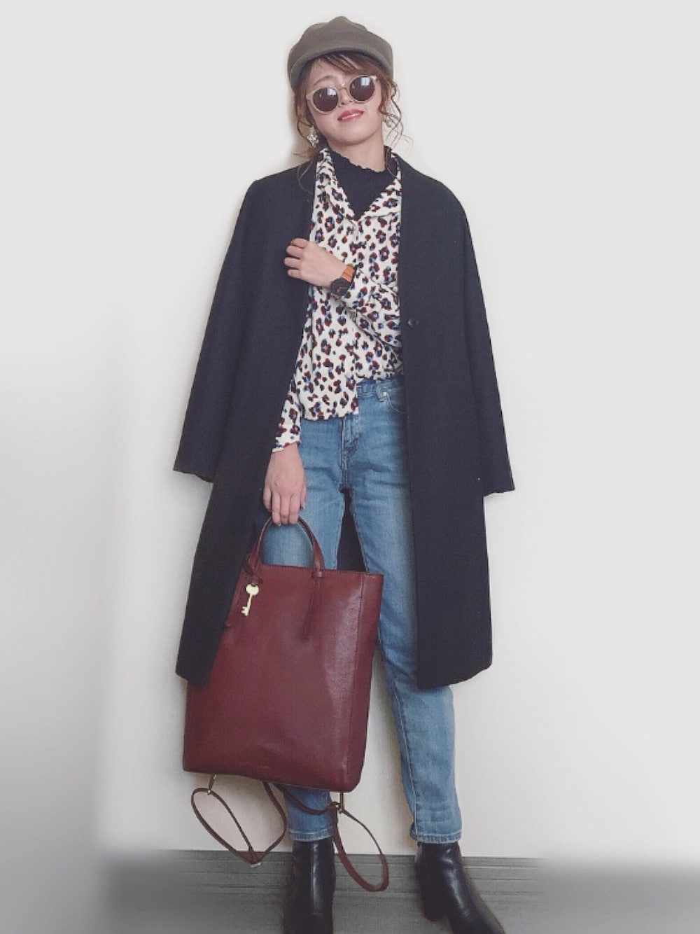 「SonnyLabel、サニーレーベル、イチヨンプラス、USポロ、開襟シャツ、レオパード、柄シャツ、zozoデニム、Fossil、FOSSILSTYLE」｜「14+のホイップフェルトハンチング（ハンチング/ベレー帽、グリーン系）」を使った、Miiさん（レディース・159cm）の冬コーディネートの1枚目の写真