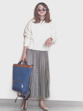 「UNIQLO（ユニクロ）のスウェットクルーネックプルオーバー（長袖）（パーカー）」を使った、Miiさん（レディース・159cm）の春コーディネート