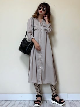 「レギンス」｜「アイテム（シャツワンピース、ベージュ系）」を使った、Miiさん（レディース・159cm）の夏コーディネート