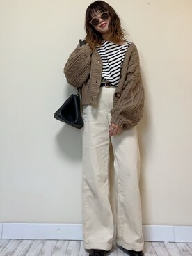 「ケーブルカーディガン」｜「アイテム（アクセサリー）」を使った、Miiさん（レディース・159cm）の秋コーディネート