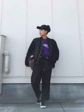 「ボーイッシュ」｜「アイテム（つなぎ/オールインワン）」を使った、川越由衣さん（レディース・154cm）の冬コーディネート