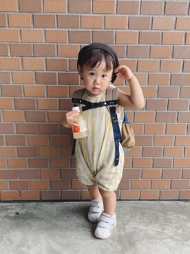 「ASICS（アシックス）のasics アシックス ファブレファーストSL3 (12-135) TUF123 0195 ホワイト/CPGL（スニーカー）」を使った、buchiさん（キッズ・90cm）の夏コーディネート