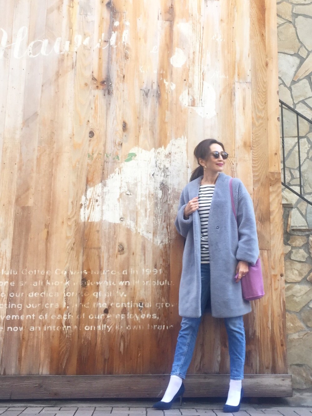 「JEANASiS、ZARA、ザラ、デニム、プチプラ、ママコーデ、ブルーコーデ、シンプルコーデ、大人カジュアル、カジュアルコーデ」｜「JEANASISのノーカラーコート/736890（その他アウター、ブルー系）」を使った、Honey_conaさん（レディース・164cm）の冬コーディネートの1枚目の写真