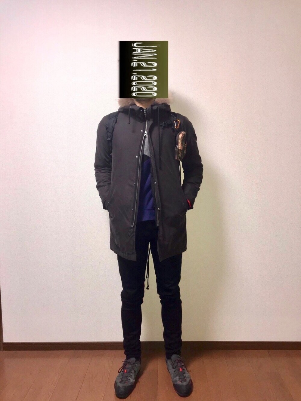 「冬アウター着回しチャレンジ、冬コーデ、MAMMUT、DUFFER、おしゃれさんと繋がりたい、スウェット」｜「WHO'S WHO galleryのアイテム（モッズコート、ブラック系）」を使った、こじゃれ山さん（メンズ・183cm）の冬コーディネートの1枚目の写真