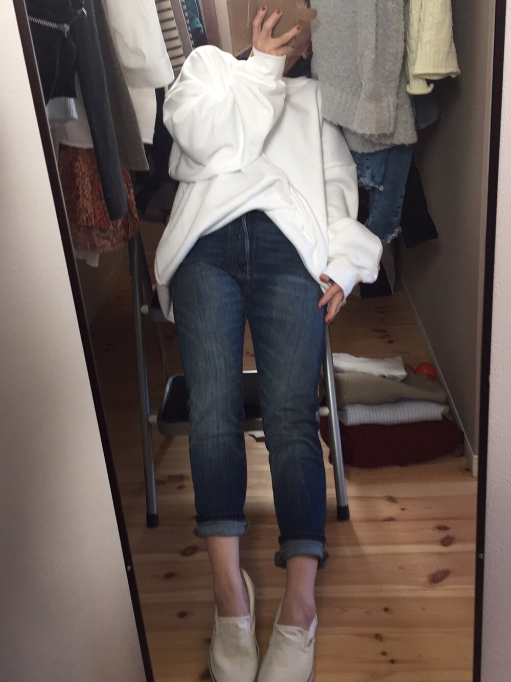 「ドラフトリーバイス、casual、ootd、久米繊維」｜「501(R) Skinnyのアイテム（デニムパンツ、ブルー系）」を使った、もっささん（レディース・154cm）の冬コーディネートの1枚目の写真