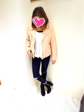 「ぺプラムトップス」｜「アイテム（ライダースジャケット）」を使った、chironn.さん（レディース・156cm）の春コーディネート