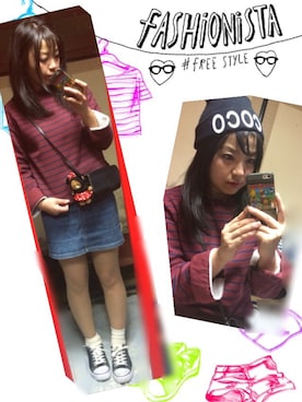 「GU（ジーユー）のアイテム（Tシャツ/カットソー、レッド系）」を使った、なーしゃさん（レディース）の秋コーディネート