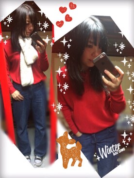 「母のおさがりのアイテム（ニット/セーター、レッド系）」を使った、なーしゃさん（レディース）の冬コーディネート