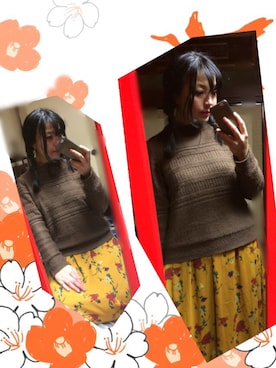 「GU（ジーユー）のアイテム（ニット/セーター、ブラウン系）」を使った、なーしゃさん（レディース）の冬コーディネート