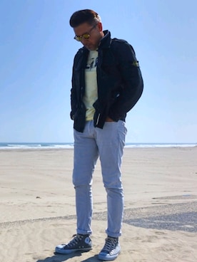「海」｜「アイテム（ブルゾン）」を使った、MASA SURFさん（メンズ・180cm）の春コーディネート