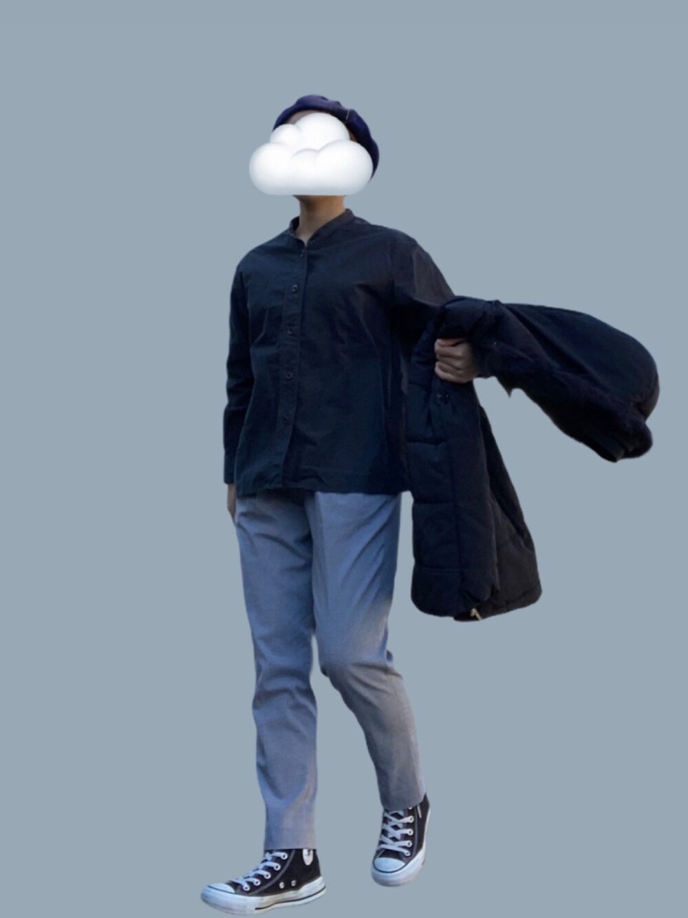 「低身長、ベスト、休日スタイル、春コーデ、ベレー帽、コンバース、シャツスタイル、スラックス」｜「MHL.のSOFT HOPSACK（シャツ/ブラウス、ブラック系）」を使った、六さん（レディース・148cm）の冬コーディネートの1枚目の写真