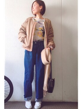 「センタープレスパンツ」｜「アイテム（ブルゾン）」を使った、yuiteetoyolさん（レディース・160cm）の冬コーディネート