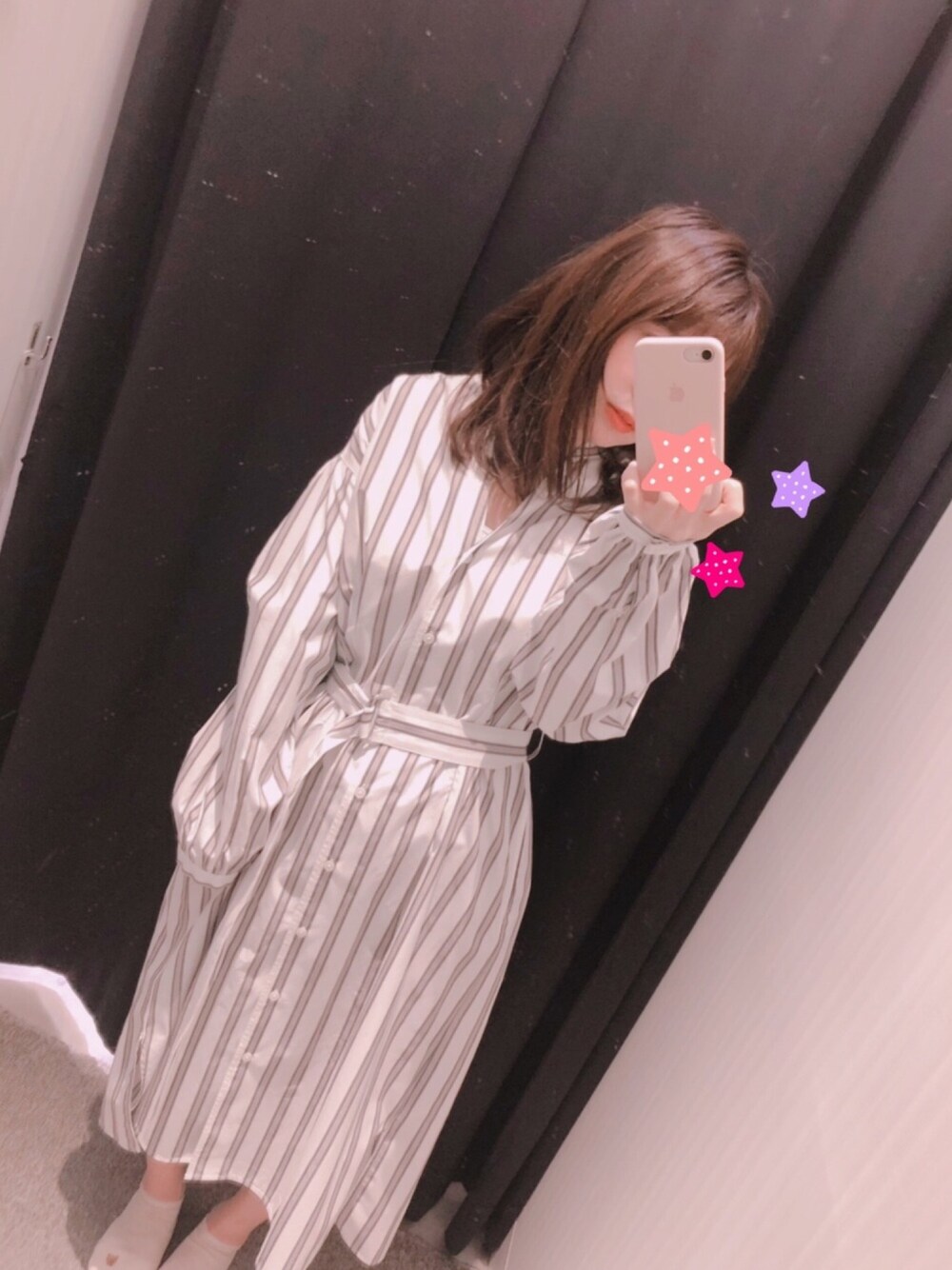 「ストライプシャツ」｜「PLSTのアイテム（シャツワンピース、ホワイト系）」を使った、りお🐹さん（レディース・149cm）の春コーディネートの1枚目の写真