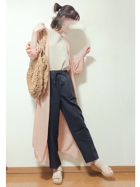 「andme（アンドミー）の【13色展開】きれいめツイル美脚ドローストリングテーパードパンツ（スラックス）」を使った、EKO ＊えこさん（レディース・155cm）の夏コーディネート