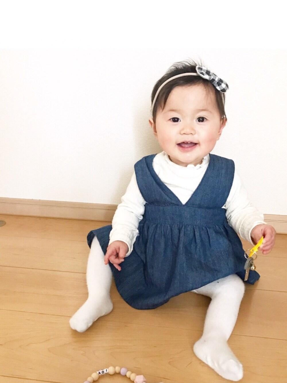 「赤ちゃん、ベビー、9ヶ月、女の子、女の子コーデ、ベビーコーデ」｜「Handmadeのアイテム（ヘアバンド、その他）」を使った、_a_o_i_さん（キッズ・80cm）の春コーディネートの1枚目の写真