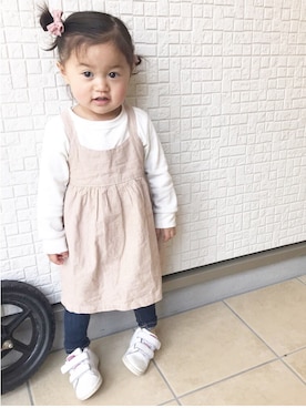 「BREEZE（ブリーズ）のもっとスキニーデニム 10分丈（デニムパンツ）」を使った、_a_o_i_さん（キッズ・80cm）の冬コーディネート
