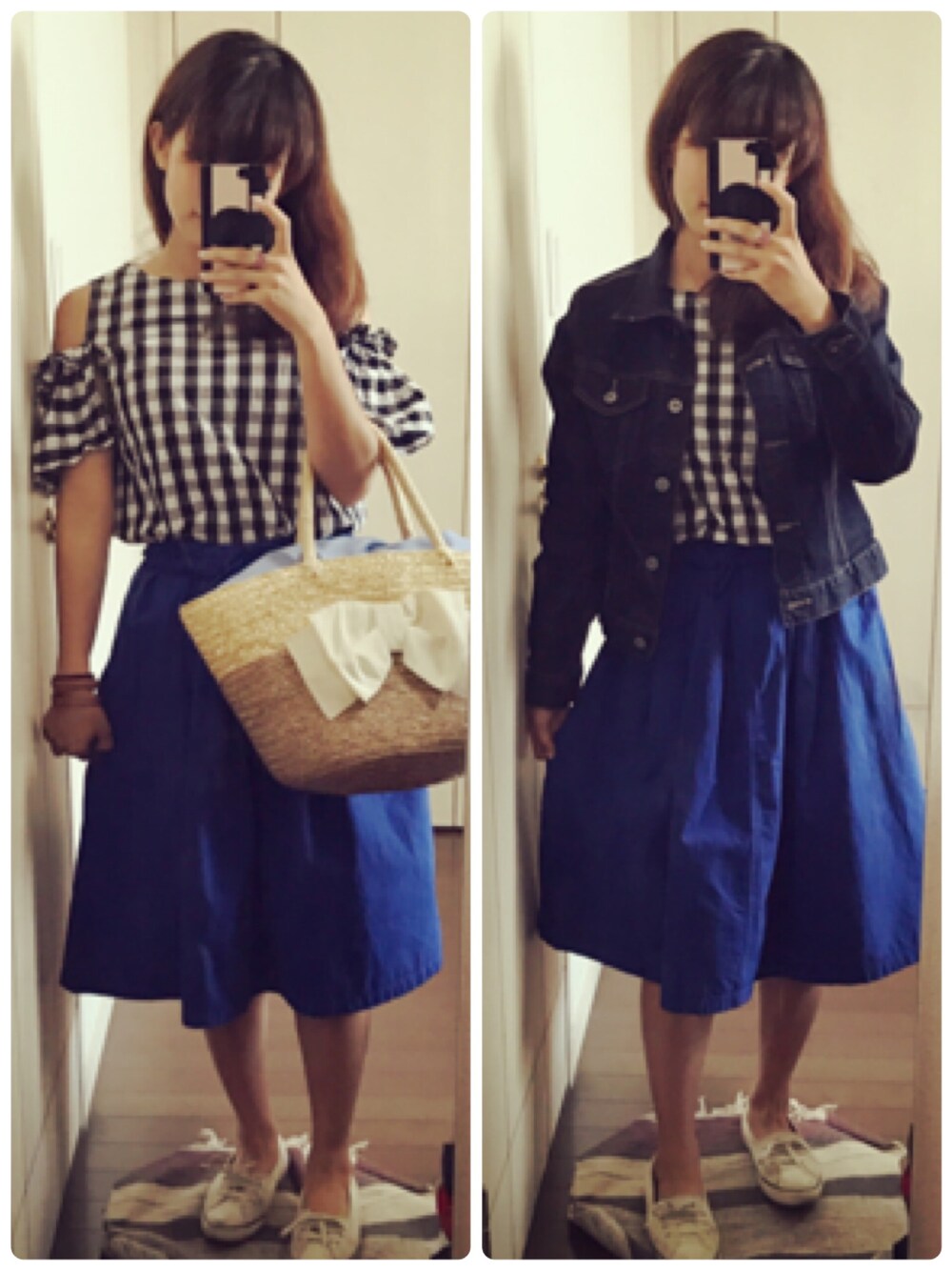 ホワイト系のスニーカー、ブルー系のスカート、ブラック系のシャツ/ブラウスを着用したレディースの夏コーディネートの1枚目の写真