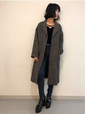 「153cm」｜「アイテム（チェスターコート）」を使った、RINAさん（レディース・153cm）の冬コーディネート