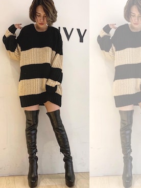 「ボーダーニット」｜RINAさん（レディース・153cm）の秋コーディネート