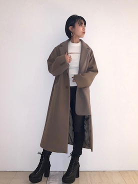 「ベージュコート」｜「アイテム（チェスターコート）」を使った、RINAさん（レディース・153cm）の秋コーディネート