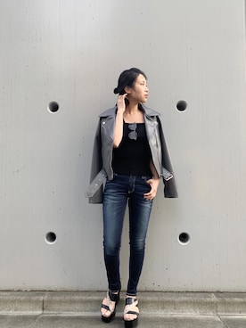 「ENVYM（アンビー）のアイテム（ライダースジャケット）」を使った、RINAさん（レディース・153cm）の春コーディネート