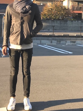 「NYUZELESS（ニューズレス）のアイテム」を使った、ハイリさん（メンズ・177cm）の秋コーディネート