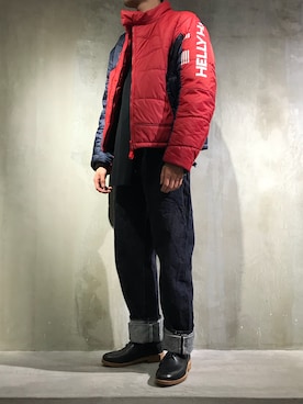 「アイテム（ダウンジャケット/コート、レッド系）」を使った、WARE-mo-KOU_aokiさん（メンズ・177cm）の秋コーディネート