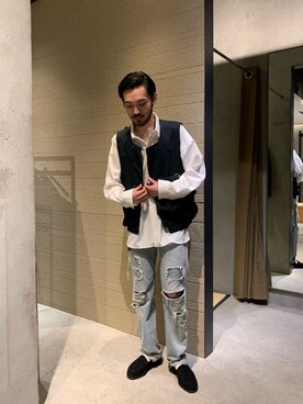 「yoke」｜「アイテム（スリッポン）」を使った、WARE-mo-KOU_aokiさん（メンズ・178cm）の春コーディネート