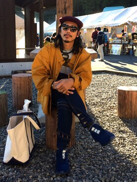 「ビッグシャツ」｜「アイテム（ハンチング/ベレー帽）」を使った、まーくんさん（メンズ・181cm）の秋コーディネート