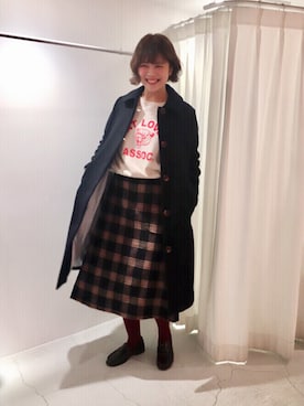 「CHILD WOMAN（チャイルドウーマン）のハードメルトン　ステンコート（ステンカラーコート、ブルー系）」を使った、chisatoさん（レディース・161cm）の秋コーディネート