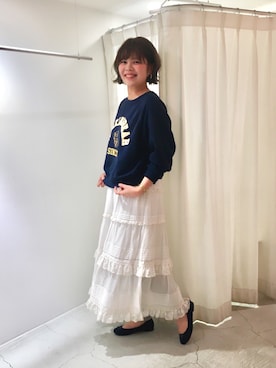 「My Fav. CHILD WOMAN（マイファブチャイルドウーマン）の裏毛WORKING BEARプリント　クループルオーバー（スウェット、ブルー系）」を使った、chisatoさん（レディース・161cm）の冬コーディネート