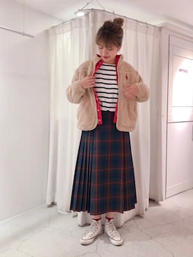 「My Fav. CHILD WOMAN（マイファブチャイルドウーマン）の空紡糸（くうぼうし）ボーダーアシッドウォッシュ ボートネック長袖プルオーバー（Tシャツ/カットソー、ホワイト系）」を使った、chisatoさん（レディース・161cm）の秋コーディネート