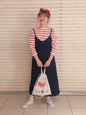 「My Fav. CHILD WOMAN（マイファブチャイルドウーマン）のMVS天竺ボーダー ボートネックプルオーバー（Tシャツ/カットソー、レッド系）」を使った、chisatoさん（レディース・161cm）の冬コーディネート