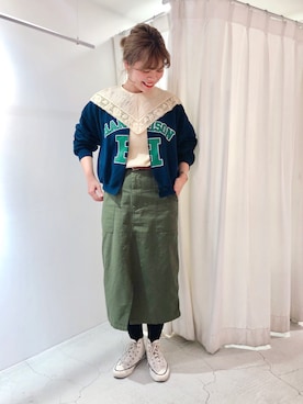 「Dot＆Stripes CHILD WOMAN（ドットアンドストライプス　チャイルドウーマン）の80ローンレースピンタック ビーズ付ケープカラーブラウス（シャツ/ブラウス、ベージュ系）」を使った、chisatoさん（レディース・161cm）の冬コーディネート