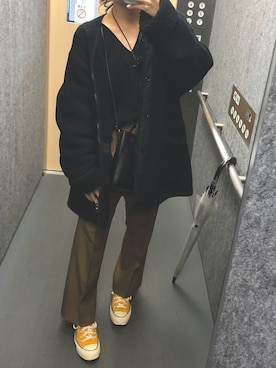 「UNIQLO（ユニクロ）のフリースノーカラーコート（その他アウター）」を使った、まゆさん（レディース・158cm）の秋コーディネート