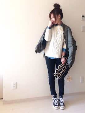 「スプリングSENSEOFPLACE」｜「アイテム（MA-1）」を使った、chakoさん（レディース・155cm）の冬コーディネート