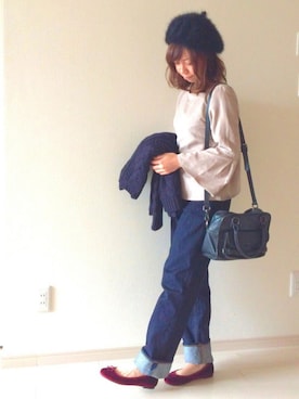 「フレアスリーブ」｜「アイテム（ハンチング/ベレー帽）」を使った、chakoさん（レディース・155cm）の秋コーディネート