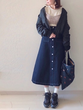 「ワッフルクルーネックＴ」｜「アイテム（その他トップス）」を使った、chakoさん（レディース・155cm）の冬コーディネート