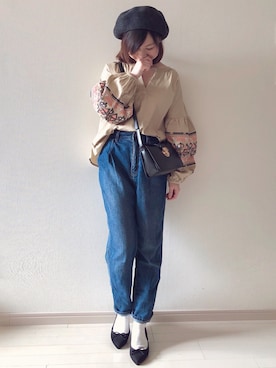 「袖ボリューム」｜「アイテム（ハンチング/ベレー帽）」を使った、chakoさん（レディース・155cm）の春コーディネート